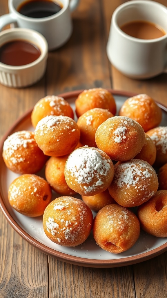 Golden brown air fryer donut holes dusted with powdered sugar on a wooden table.